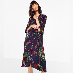 Zara Peacock Print Midi Shirt Dress
